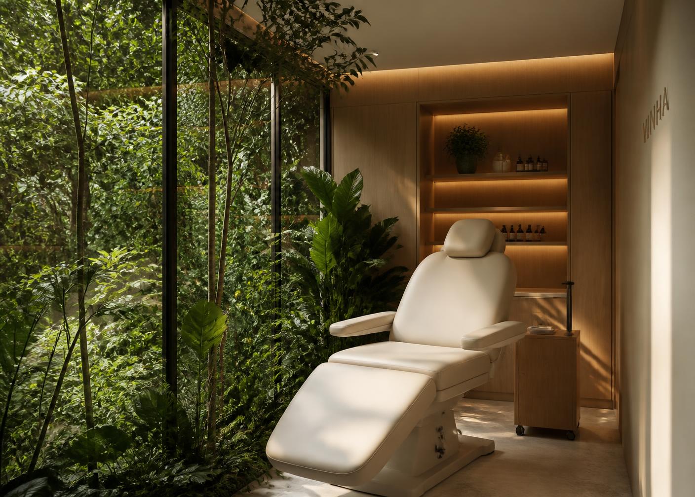 Interior da clínica com plantas nativas e luz natural